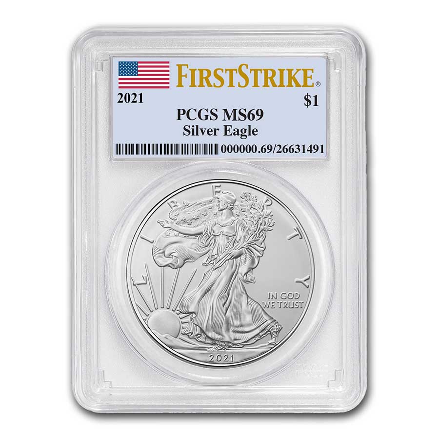 Flag Label 2021 1 oz Silver American Eagle $1 Coin PCGS MS 69 First Strike
